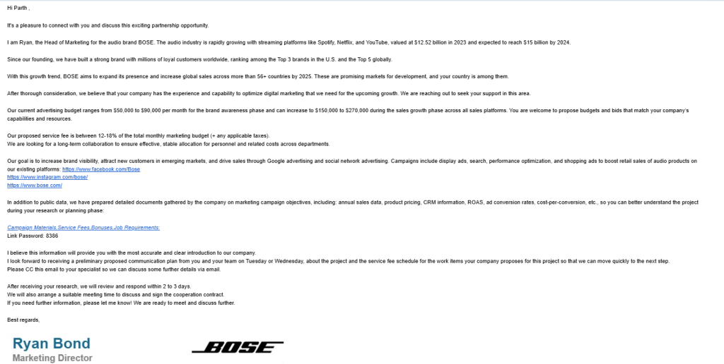 Bose-Global.com Proposal Scam